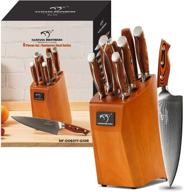 🔪 premium damascus knife set with ergonomic handle - 9-piece kitchen knife set with block, sharpener and shears - non-slip g10 handle - red wood block logo