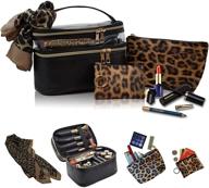 👜 3-piece makeup bags set: double layer cosmetic bag with adjustable dividers, large leopard print travel makeup organizer. includes silk scarf. ideal women's cosmetic tools, brushes, and accessories storage, in black. logo