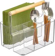 convenient and stylish mdesign portable kitchen caddy tote organizer with divided storage bin and wood handle - ideal for neatly storing napkins, silverware, and utensils in cabinets and countertops - clear/natural design логотип