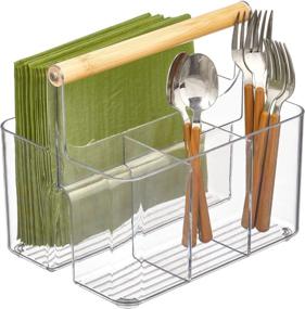 img 4 attached to Convenient and Stylish mDesign Portable Kitchen Caddy Tote Organizer with Divided Storage Bin and Wood Handle - Ideal for Neatly Storing Napkins, Silverware, and Utensils in Cabinets and Countertops - Clear/Natural Design