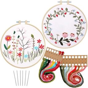 img 4 attached to 🧵 Full Range 2 Pack Stamped Embroidery Kit with Patterns, Including Patterned Cloth, Hoop, Colored Threads, Needles, and Hand Sewing Craft