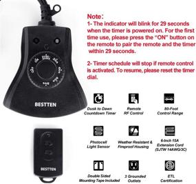 img 3 attached to ⚡️ Enhanced Outdoor Convenience: BESTTEN Remote Control Outlet with Dusk to Dawn, Photocell Countdown Timer, 3 Grounded Outlets, ETL/FCC Certified, Black