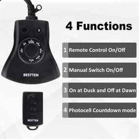 img 1 attached to ⚡️ Enhanced Outdoor Convenience: BESTTEN Remote Control Outlet with Dusk to Dawn, Photocell Countdown Timer, 3 Grounded Outlets, ETL/FCC Certified, Black