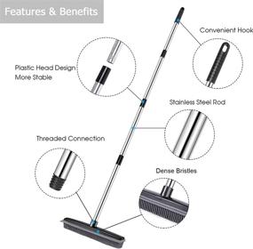 img 2 attached to 🧹 59-Inch Adjustable Push Broom: Soft Bristle Rubber Sweeper for Pet Hair & Various Surfaces - Non-Scratch Bristles, Squeegee Edge, Ideal for Carpets, Floors, Tiles, Windows Cleaning (Black)