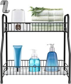 img 4 attached to 🌶️ 2 Tier Spice Rack Organizer for Countertop - Black | Kitchen & Bathroom Storage Shelf with Hooks