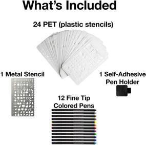 img 1 attached to 34 Piece Plastic Journal Stencils Kit with Planner Stencils, Calendar Stencils, 12 Colored Fine Point Pens, Stencil Ruler, Metal Stencil Pen, and Pen Loops for Planner- Adhesive Pen Holders