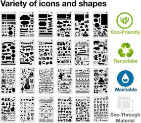 img 3 attached to Набор шаблонов для журнала из пластика (34 штуки) с набором шаблонов для планирования, шаблонов для календаря, 12 цветными фломастерами с тонким наконечником, шаблоном-линейкой, металлической ручкой для шаблонов и петлями для ручки для планировщика - самоклеящимися держателями ручки.