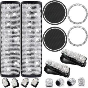 img 4 attached to 💎 17 Piece Crystal Diamond Car Accessories Set: Bling Seat Belt Covers, Rhinestone Glasses Holders, Car Cup Holder Coasters, Car Ring Emblems, Tire Valve Stem Caps, Car Hooks with Diamond Stickers for Women