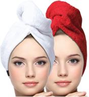 keepoz hair towel wrap - quick dry 100% cotton turban head wrap for women with button - anti frizz hair products for curly, long & thick hair (2pcs, red+white) logo