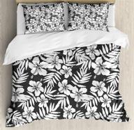 🌺 tropical duvet cover set by ambesonne - monochrome aloha concept with exotic hibiscus flowers, fern leaves pattern; nature-inspired plant art; decorative queen size bedding set with 2 pillow shams in white grey logo