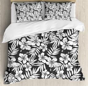 img 2 attached to 🌺 Tropical Duvet Cover Set by Ambesonne - Monochrome Aloha Concept with Exotic Hibiscus Flowers, Fern Leaves Pattern; Nature-inspired Plant Art; Decorative Queen Size Bedding Set with 2 Pillow Shams in White Grey