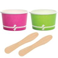 momoka's apron ice cream paper cup set: 96 ct. 4 oz cups + clear dome lids + wooden paddle spoons - pink & green logo