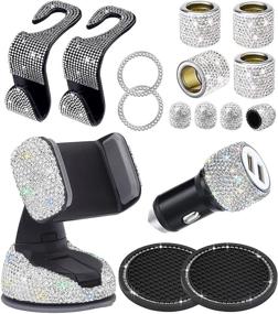 img 4 attached to ✨ Sparkling Car Accessories for Women: Glitter Rhinestone Car Phone Holder, Shiny Dual USB Car Charger, Diamond Headrest Collars, Rhinestone Car Coasters, Crystal Tire Valve Stem Caps