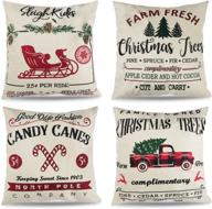 set of 4 christmas throw pillow covers, 18x18 inch winter outdoor decorative farmhouse rustic linen vintage decoration for xmas, white square cushion cases for sofa couch logo