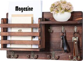 img 4 attached to Wooden Wall Mounted Mail Organizer with Key Hooks for Farmhouse Decor and Kitchen Hallway - Decorative Mail Shelf with 4 Hooks (16.8” x 10” x 3.2”)