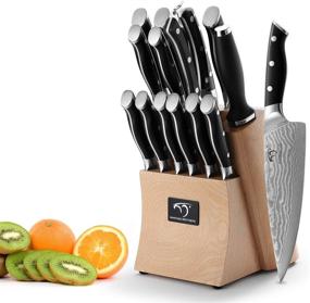 img 1 attached to 🔪 Premium Damascus Knife Set for Chefs, 15-Piece Kitchen Knife Set With Block - Ergonomic Handle, Steak Knives, Sharpener, and Shears Included