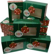 delightful christmas cookie gift boxes - set of 12; premium ornaments design, metallic hot-stamp stripes & polka-dots; clear window, rectangle shape logo