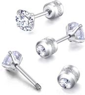 titanium cubic zirconia cartilage earrings with screw backs - unisex double round studs for safety 💎 - ideal for toddlers and girls 3-6mm - available in white gold, yellow gold, rose gold, and black logo