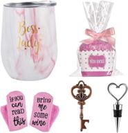 🎁 marble pink boss lady wine tumbler cupcake wine socks set – ideal bosses day and christmas gifts for women boss, female friends, and mom. insulated 12 oz stainless steel wine tumbler with lid, socks, opener, and stopper. logo