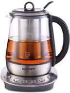 premium buydeem k2423 tea maker: 316 stainless steel & german schott glass electric kettle with removable infuser, auto keep warm, bpa free - 1.2l capacity logo