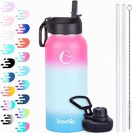 icechic 32 oz vacuum insulated stainless steel water bottle with 2 lids - spout and straw | double wall, sweat-proof flask for cold and hot beverages, 48 hrs cold/24 hrs hot логотип