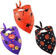 🎃 halloween pet costume accessories: 3-piece set of pet bandanas with pumpkin, spider, and witch hat prints - triangle bandana bibs for decoration логотип