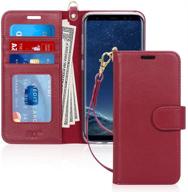 fyy wallet phone case for samsung galaxy s8 plus - luxury genuine leather flip cover with kickstand, card holder, wrist strap - wine red logo