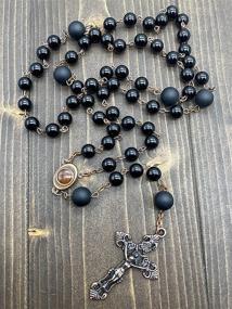 img 2 attached to 📿 Nazareth Store Vintage Onyx Rosary Necklace with Black Beads, Catholic Holy Soil Medal, and Antique Cross Crucifix – Catolicos Rosarios para Hombre