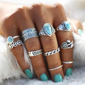 img 2 attached to 💍 Bohemian Turquoise Stone Rings for Women - 8 Pcs Vintage Oval Imitation Opal & Open Leaf Finger Rings