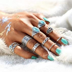 img 3 attached to 💍 Bohemian Turquoise Stone Rings for Women - 8 Pcs Vintage Oval Imitation Opal & Open Leaf Finger Rings