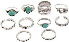 img 4 attached to 💍 Bohemian Turquoise Stone Rings for Women - 8 Pcs Vintage Oval Imitation Opal & Open Leaf Finger Rings