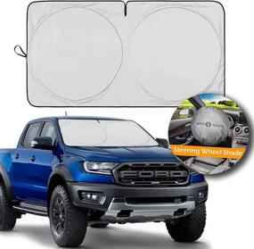 img 4 attached to 🌞 Large Car Windshield Sun Shade for SUV, Truck & Van + Bonus Steering Wheel Shade - 210T Reflective Folding Sun Shield to Keep Vehicle Cool (65.7 x 36.4 inches)