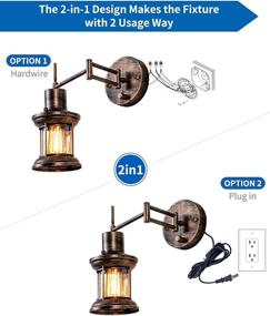 img 2 attached to 🏡 Farmhouse Wall Light Fixture, FLOURIM UL Dimmable Swing Arm Wall Lamp - Hardwired or Plug-in Wall Sconce, Rustic Vintage Bedside Reading Lamp with On/Off Switch Cord - Ideal for Kitchen, Bedroom, Living Room - Set of 2