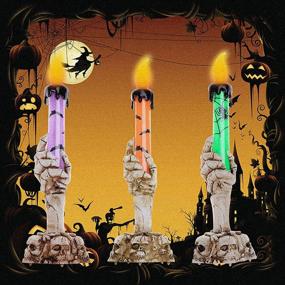 img 4 attached to 🕯️ YBB 3 Pack Halloween Skull Candle Holder Light: Spooky Skeleton Ghost Hand Flameless Candle Lamp Set for Party Bar Decoration (Green, Orange, Purple)