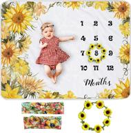 🌻 yoothy sunflower baby monthly milestone blanket for girls, floral newborns month blanket perfect gift for baby shower, soft plush photo prop blanket, includes wreath & headband, size: 51''x40'' логотип