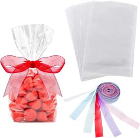 img 4 attached to 🎁 50 Counts 15 x 25 cm Clear Flat Cello Cellophane Treat Bags with Colorful Bag Ties for Sweet/Party/Gift/Home Storage (Organza Ribbon Included)