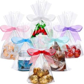 img 2 attached to 🎁 50 Counts 15 x 25 cm Clear Flat Cello Cellophane Treat Bags with Colorful Bag Ties for Sweet/Party/Gift/Home Storage (Organza Ribbon Included)
