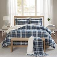 🛏️ ultra soft aaron sherpa comforter and throw combo set - fluffy warm checker plaid pattern cold weather bedding for full/queen beds, navy - cs10-0409 by comfort spaces logo