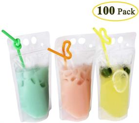 img 3 attached to 🍹 Belinlen 100 Pack 9.1 x 5.2 Inch/17 Ounce Clear Drink Pouches with Zipper, Stand-up Plastic Bags for Drinks, Heavy Duty Hand-held Translucent Reclosable Pouches with Straws, 2.4 Inch Bottom Gusset