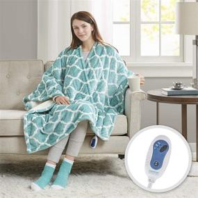 img 3 attached to 🔌 Ultra-Soft Electric Poncho Throw: Comfort Spaces Plush to Sherpa Blanket with Matching Socks - Hypoallergenic, Reversible, and Warm - Ogee Aqua Design