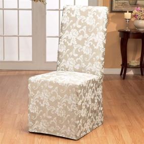 img 3 attached to 🛋️ Enhance Your Home Décor with SURE FIT Scroll Long Dining Room Chair Slipcover - Relaxed Fit, Machine Washable, Cotton/Polyester Blend in Elegant Champagne Color