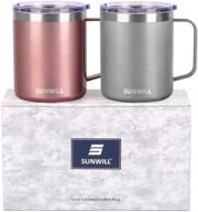 sunwill 14 oz coffee mug set, vacuum insulated camping mug with lid, double wall stainless steel travel tumbler, coffee cup outdoor, cool grey & rose gold - 2 pack logo