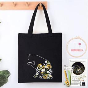 img 4 attached to 🐆 Harimau Canvas Tote Bag Embroidery Kit for Beginners - Black Kitten Pattern Cross Stitch Kit with Stamped Embroidery Bag, 1 Embroidery Hoop, Needle, Instruction Manual, and Color Threads