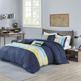 img 3 attached to Mi Zone Cozy Comforter Set - Geometric Stripes in Vibrant Colors - All-Season Bedding with Matching Shams, Decorative Pillow - Full/Queen Size - Pipeline Navy - 4 Piece Set