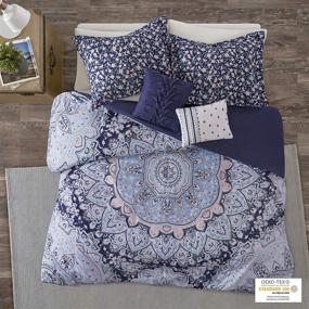 img 3 attached to 🛏️ Cozy Comforter Set with Intelligent Design - Casual Boho Medallion Floral Print, Modern All Season Bedding Kit. Includes Matching Sham, Decorative Pillow. Full/Queen Size, Odette Blue - 5 Piece