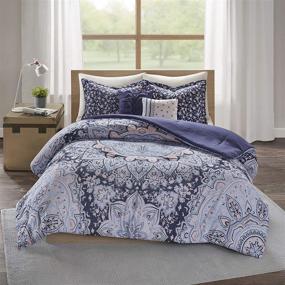 img 4 attached to 🛏️ Cozy Comforter Set with Intelligent Design - Casual Boho Medallion Floral Print, Modern All Season Bedding Kit. Includes Matching Sham, Decorative Pillow. Full/Queen Size, Odette Blue - 5 Piece