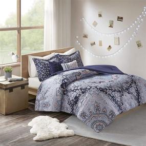 img 2 attached to 🛏️ Cozy Comforter Set with Intelligent Design - Casual Boho Medallion Floral Print, Modern All Season Bedding Kit. Includes Matching Sham, Decorative Pillow. Full/Queen Size, Odette Blue - 5 Piece