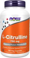пищевая добавка now l-цитруллин 750 мг - улучшенная поддержка обмена белков, формула аминокислот, 180 капсул для вегетарианцев логотип
