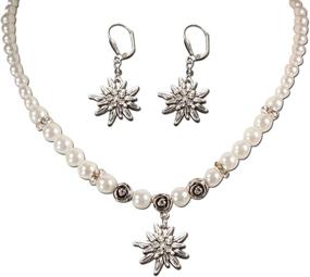 img 4 attached to 💎 Alpenflüstern Bavarian Jewelry Set with Pearl Necklace and Earrings, Rhinestone Edelweiss Accent, Ladies Costume Jewelry, Traditional German Flower Pendant for Dirndl and Oktoberfest Attire (Cream-White)