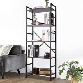 img 4 attached to 📚 5-Tier Wood and Metal Industrial Bookshelf - Rustic Bookcase Storage Organizer for Living Room, Bedroom, Kitchen, and Office - Brown